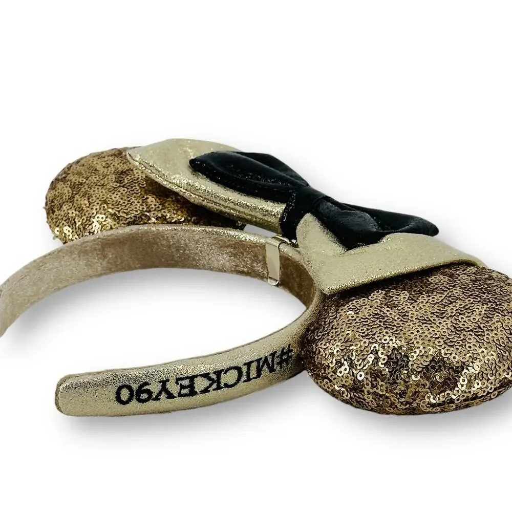 Disney Minnie Mickey Mouse 90th Birthday Sequin Bow Ears Headband Gold Black
